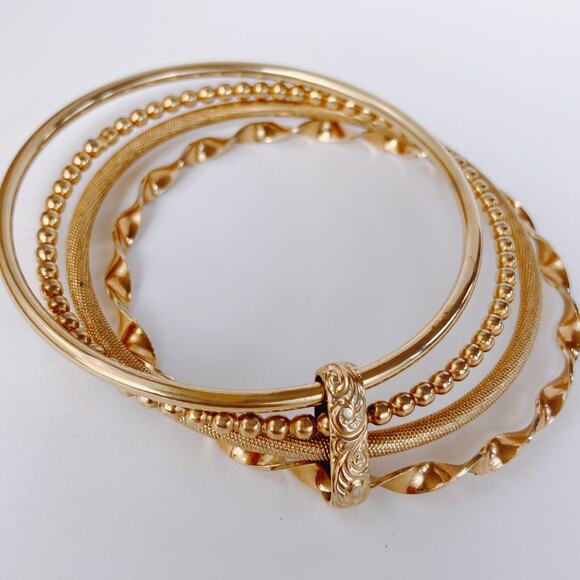VTG 1980s Bangle Gold Tone Fixed Triple Bracelet Textured Layered Design - Picture 2 of 11